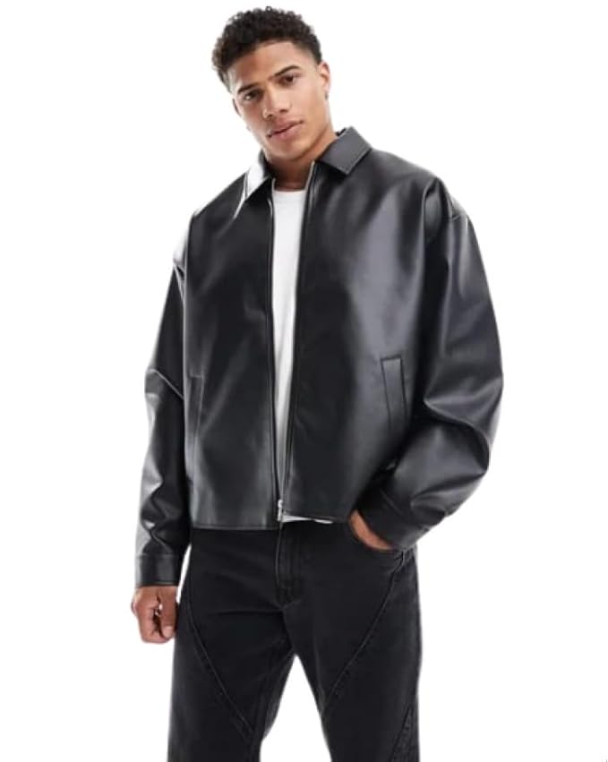 JACKET men smart casual black faux leather bomber jacket with front zip closure and minimal design for casual or semi formal look