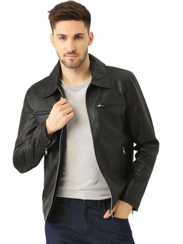 JACKET leather retail men smart casual black solid jacket